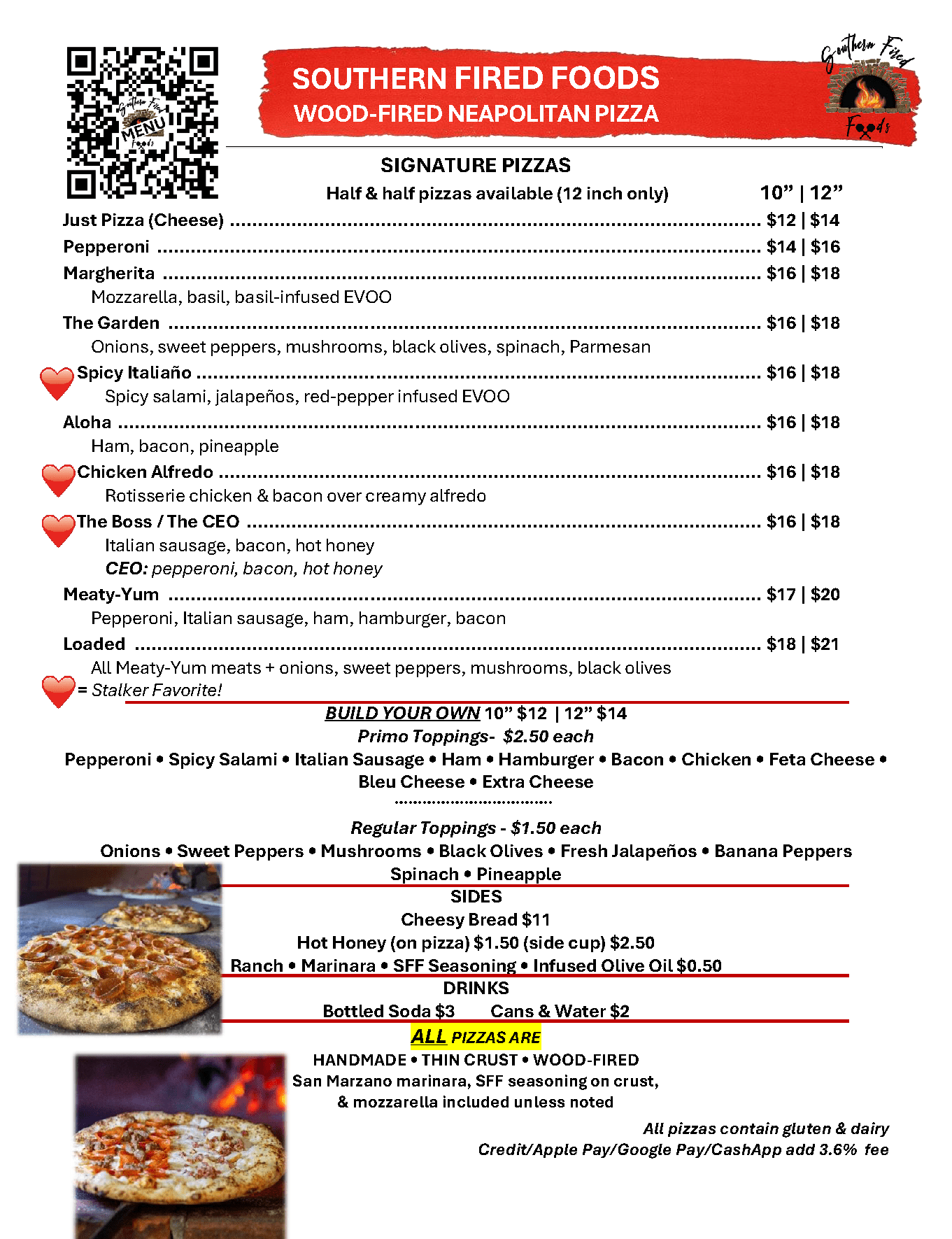 Southern Fired Foods full menu, signature wood-fired pizzas, build your own, sides and drinks with prices